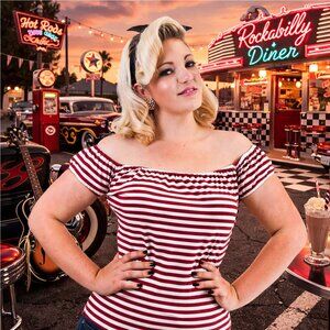 Off the Shoulder Top Blouse Red & White Stripe Heart of Haute Sz Large - Hey Viv